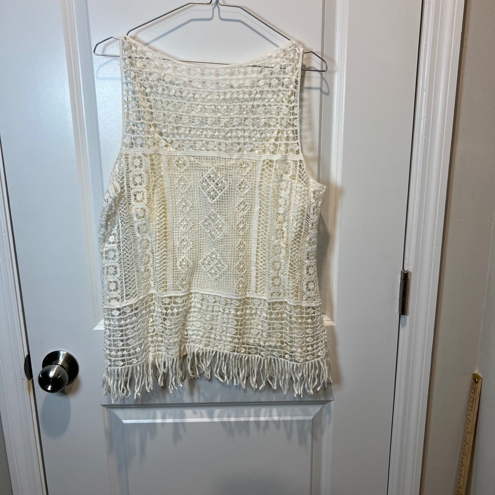 Lauren Ralph Lauren Womens Tank Top Crochet Fringe Off White Size PL - Picture 3 of 6